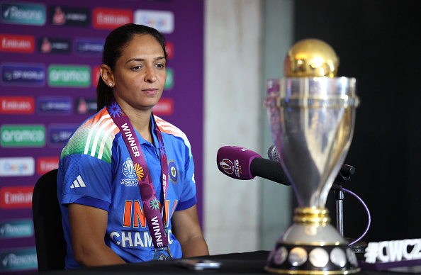 Harmanpreet Kaur addressing the media with Women's World Cup trophy | Getty