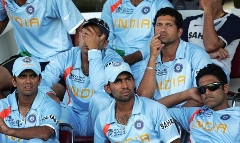 A dejected looking Indian team after crashing out of the 2007 World Cup in West Indies