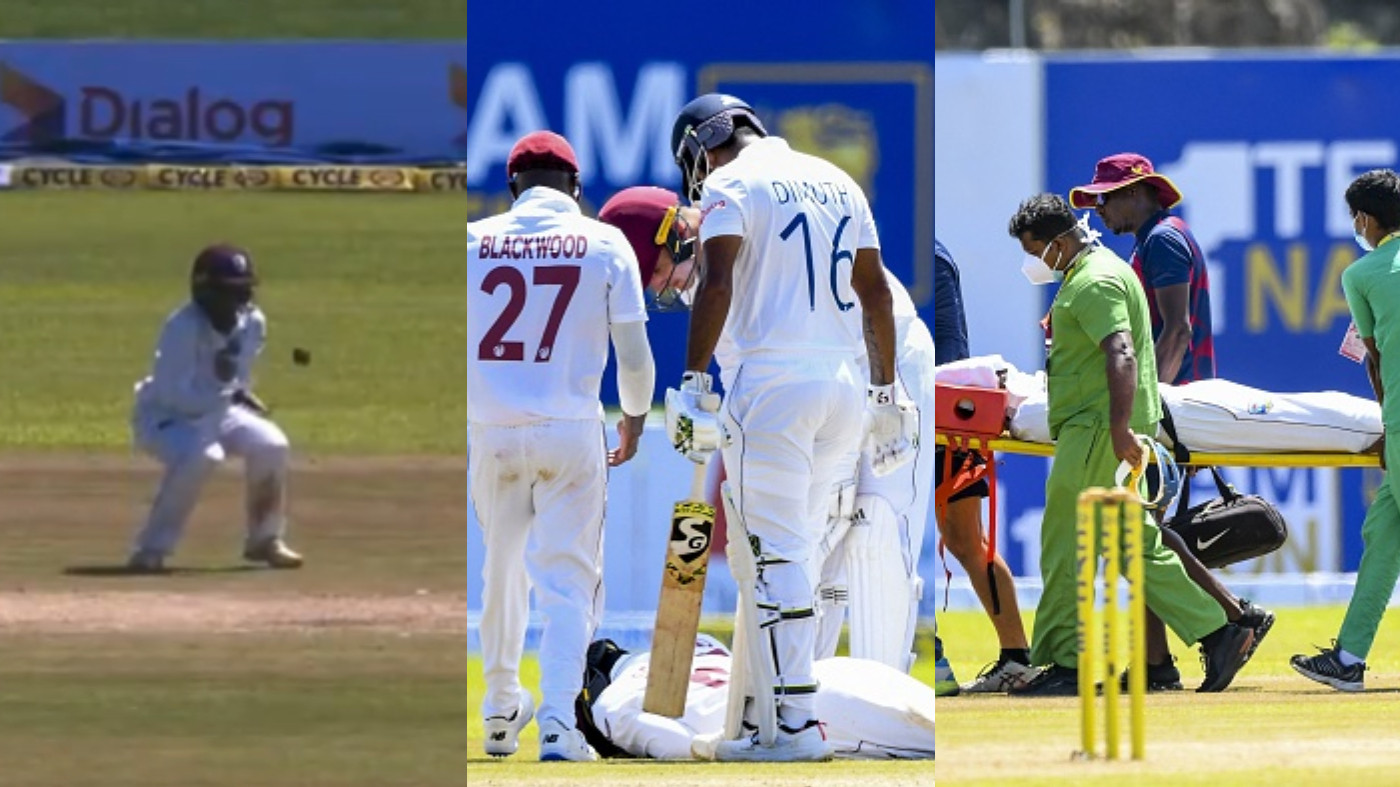 SL v WI 2021: WATCH - Jeremy Solozano stretchered off the field after taking a blow on the helmet 