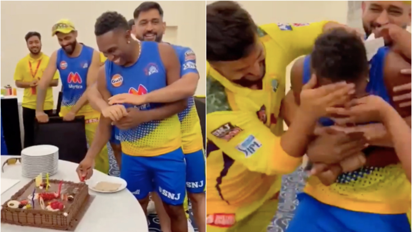IPL 2021: WATCH - Dhoni holds Bravo as CSK members cover his face with cake on birthday