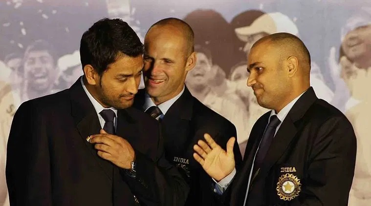 MS Dhoni with Kirsten and Sehwag