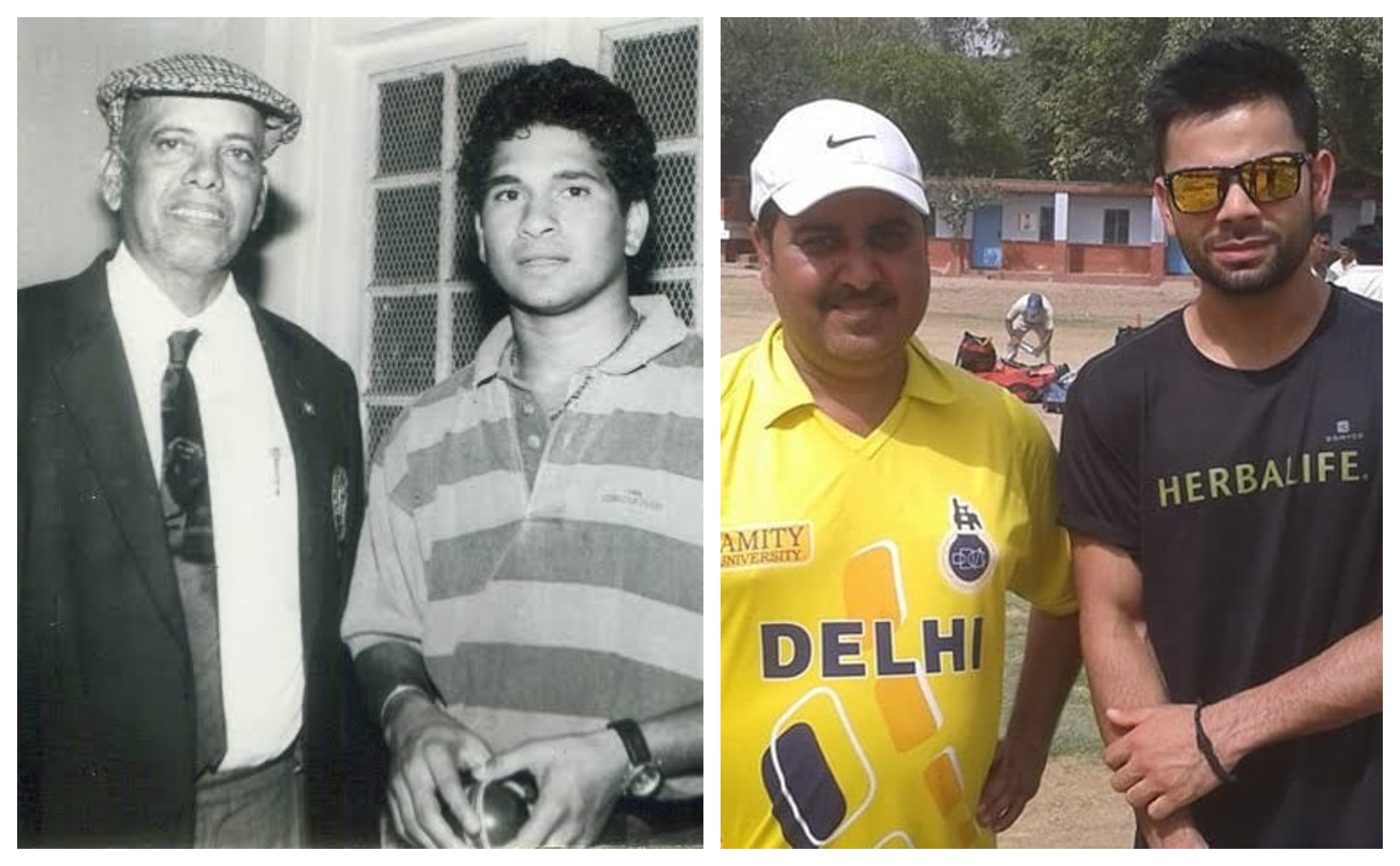 Sachin Tendulkar with late Ramakant Achrekar and Virat Kohli with childhood coach Rajkumar Sharma | Twitter