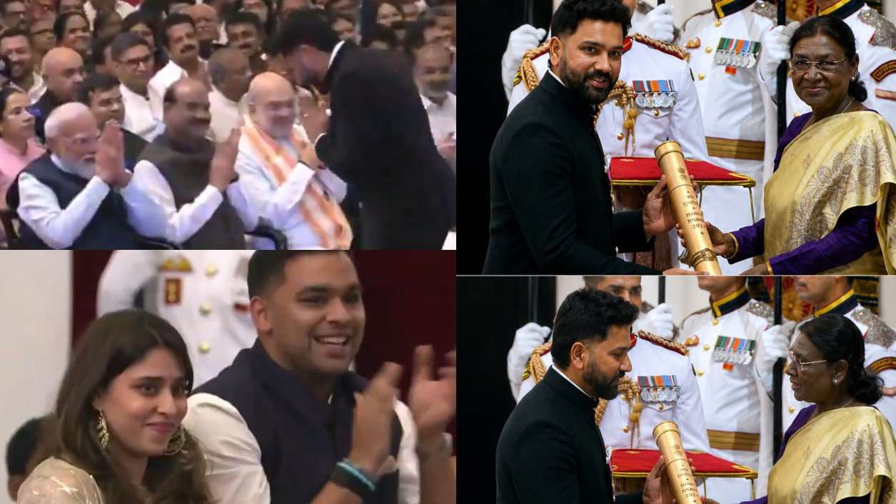 WATCH- Rohit Sharma honored with Padma Shri award; Ritika Sajdeh applauds from audience