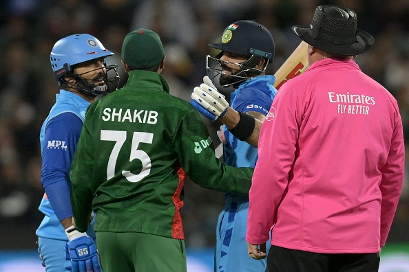 Virat Kohli argues with Shakib Al Hasan after umpire Marais Erasmus signalled a no-ball | Getty