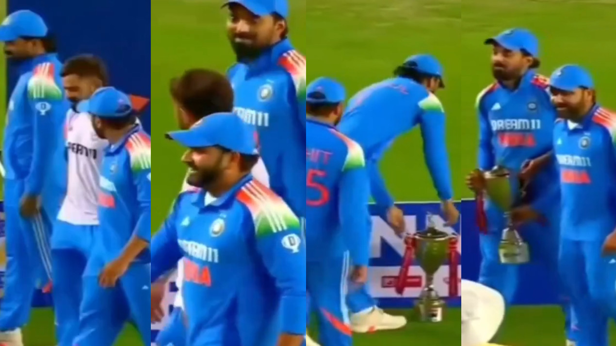 IND v ENG 2025: WATCH- Virat Kohli, KL Rahul and Rohit Sharma forget to take India’s ODI series trophy after photoshoot