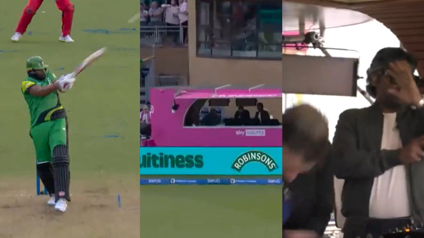 WATCH- Kumar Sangakkara ducks for cover as Kieron Pollard’s six heads towards commentary box