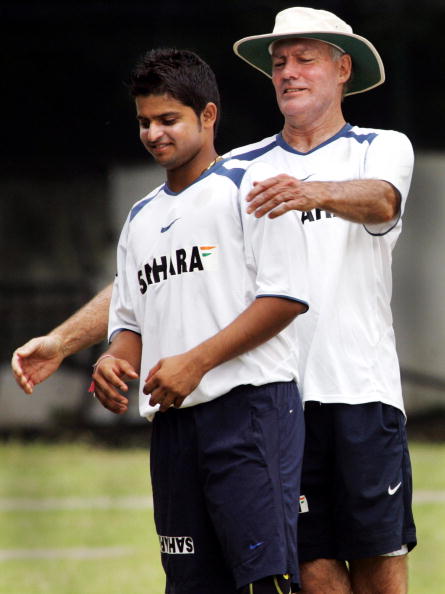 Greg Chappell (here with Suresh Raina) had controversial stint with India between 2005 and 2007 | Getty