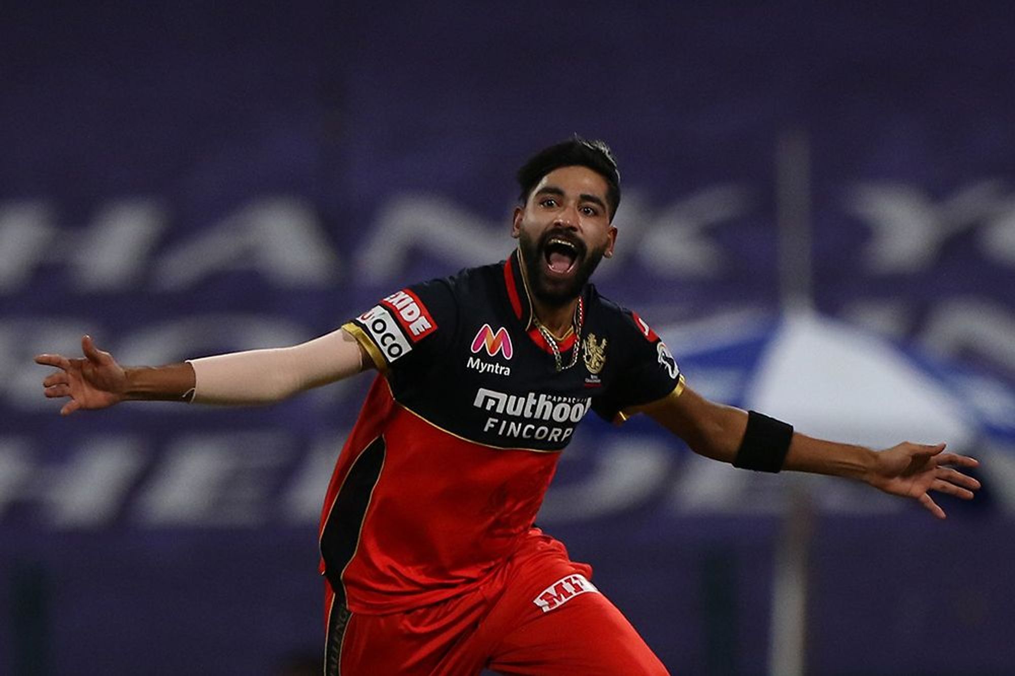 Man of the Match Mohammed Siraj took 3 wickets for just 8 runs against KKR in Abu Dhabi. (Photo - BCCI / IPL)