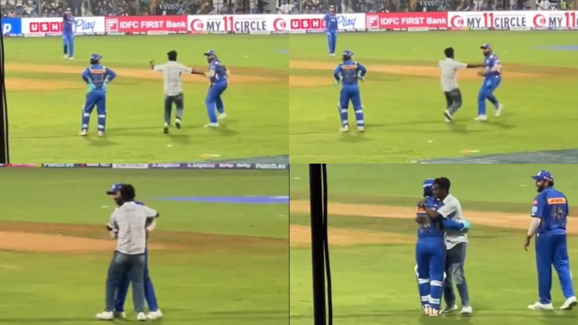 IPL 2024: WATCH- Rohit Sharma spooked by a field invader who hugs him and Ishan Kishan in Wankhede