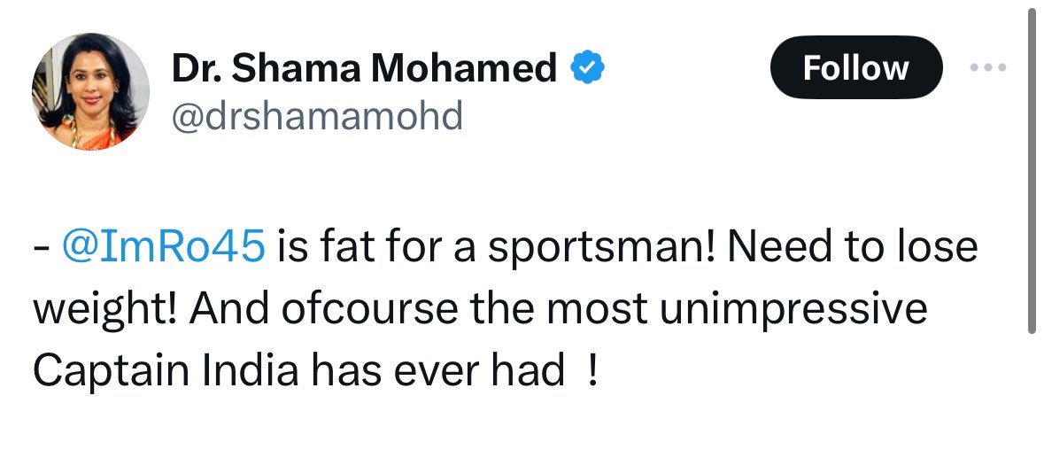Shama Mohamed called Rohit Sharma 'fat' and unimpressive captain | X
