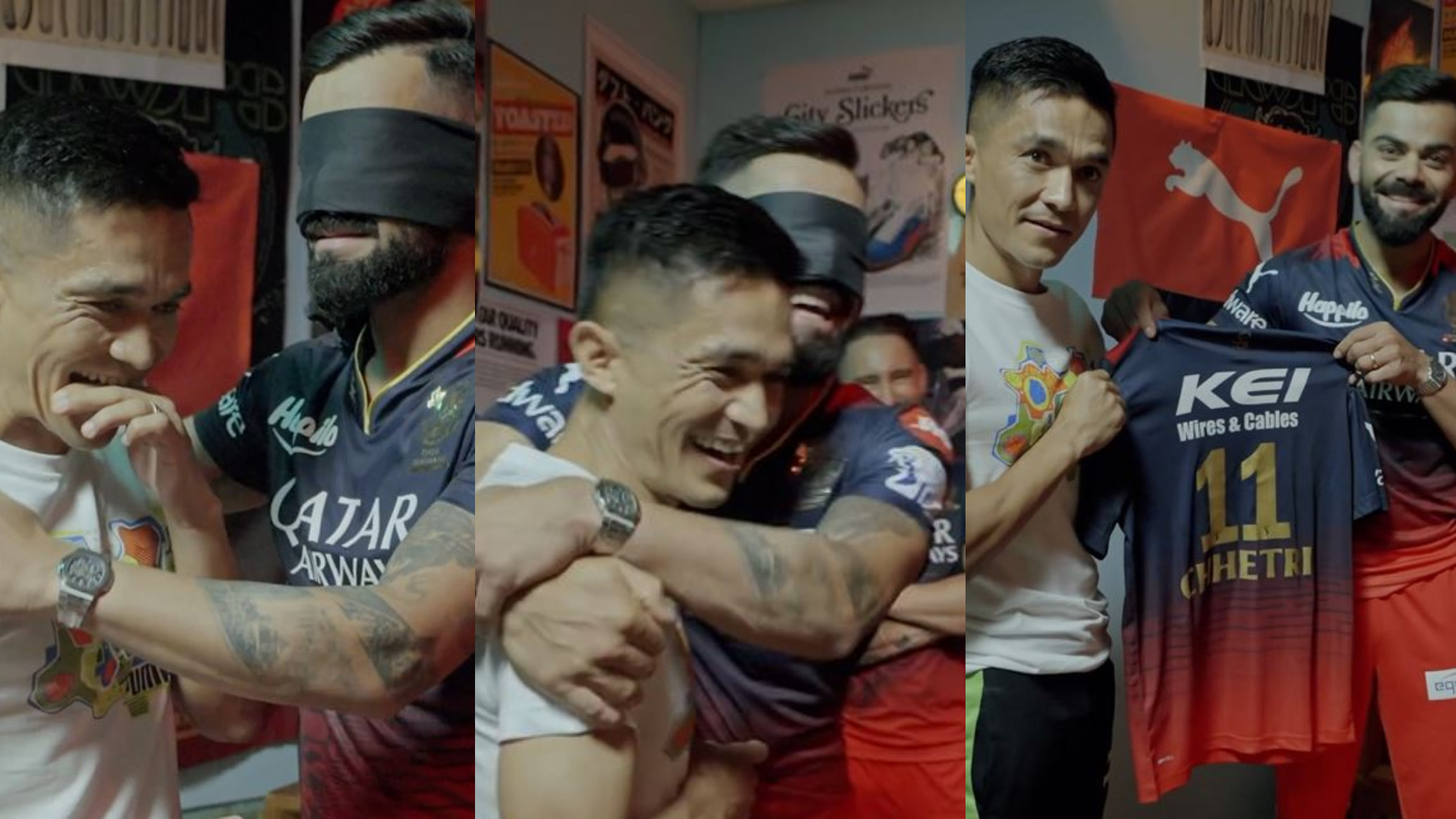 IPL 2023: WATCH- Virat Kohli gifts Sunil Chhetri a RCB jersey after a game of blindfold with his teammates