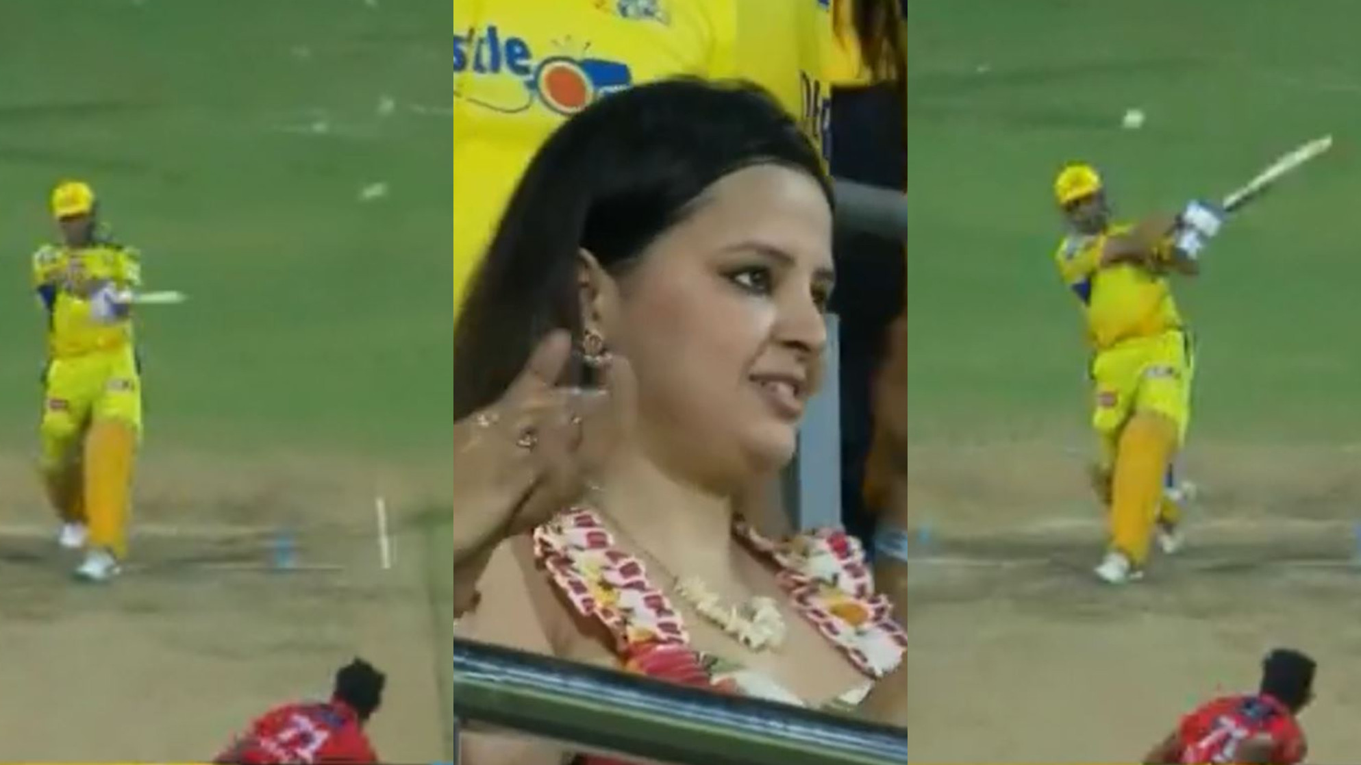 IPL 2023: WATCH- MS Dhoni hits 2 sixes and 1 four off Khaleel Ahmed in 19th over; Sakshi and Ziva high-five in stands