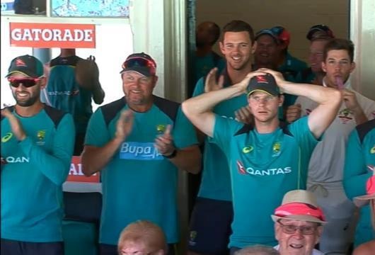 Steve Smith looks in amusement as Marsh brothers celebrate Mitchell's century prematurely