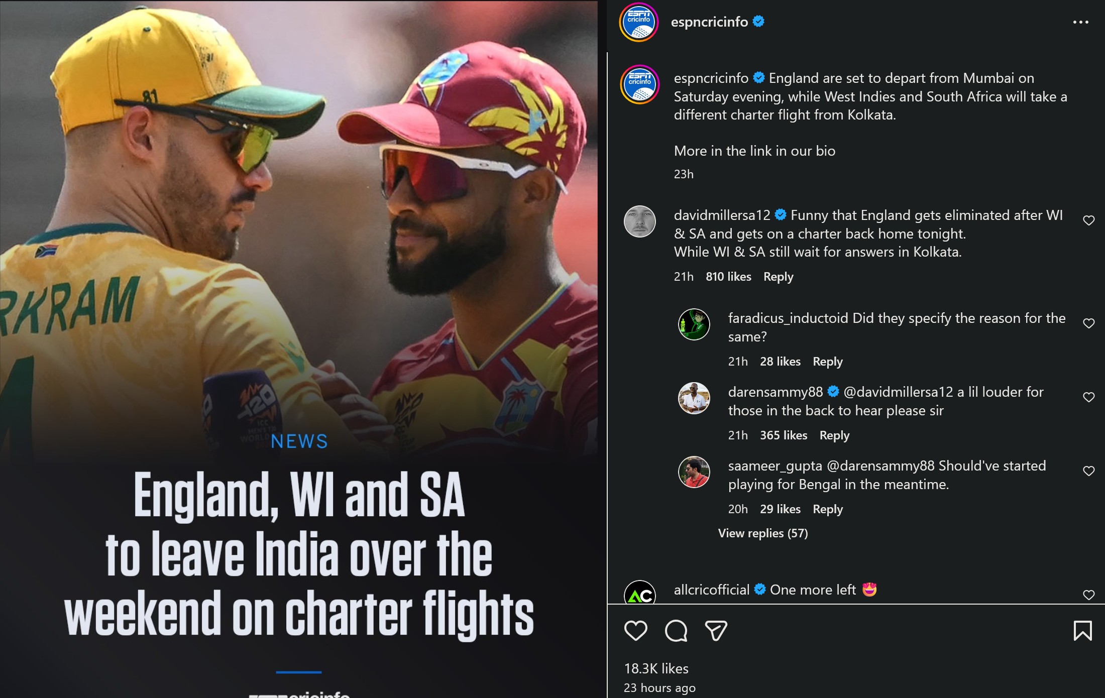 David Miller's comment on post slamming ICC | Instagram Screenshot