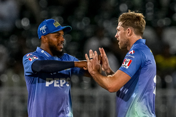 England's Chris Jordan and David Willey in PSL 2025 | Getty