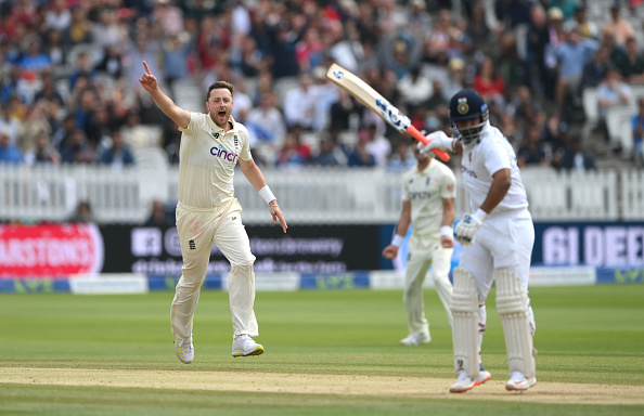 Ollie Robinson celebrates the fall of Rishabh Pant on Day 5 of second Test match at Lord's | Getty