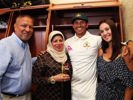Usman Khawaja and his father Tariq, mother Fozia and fiance Rachel | Getty Images