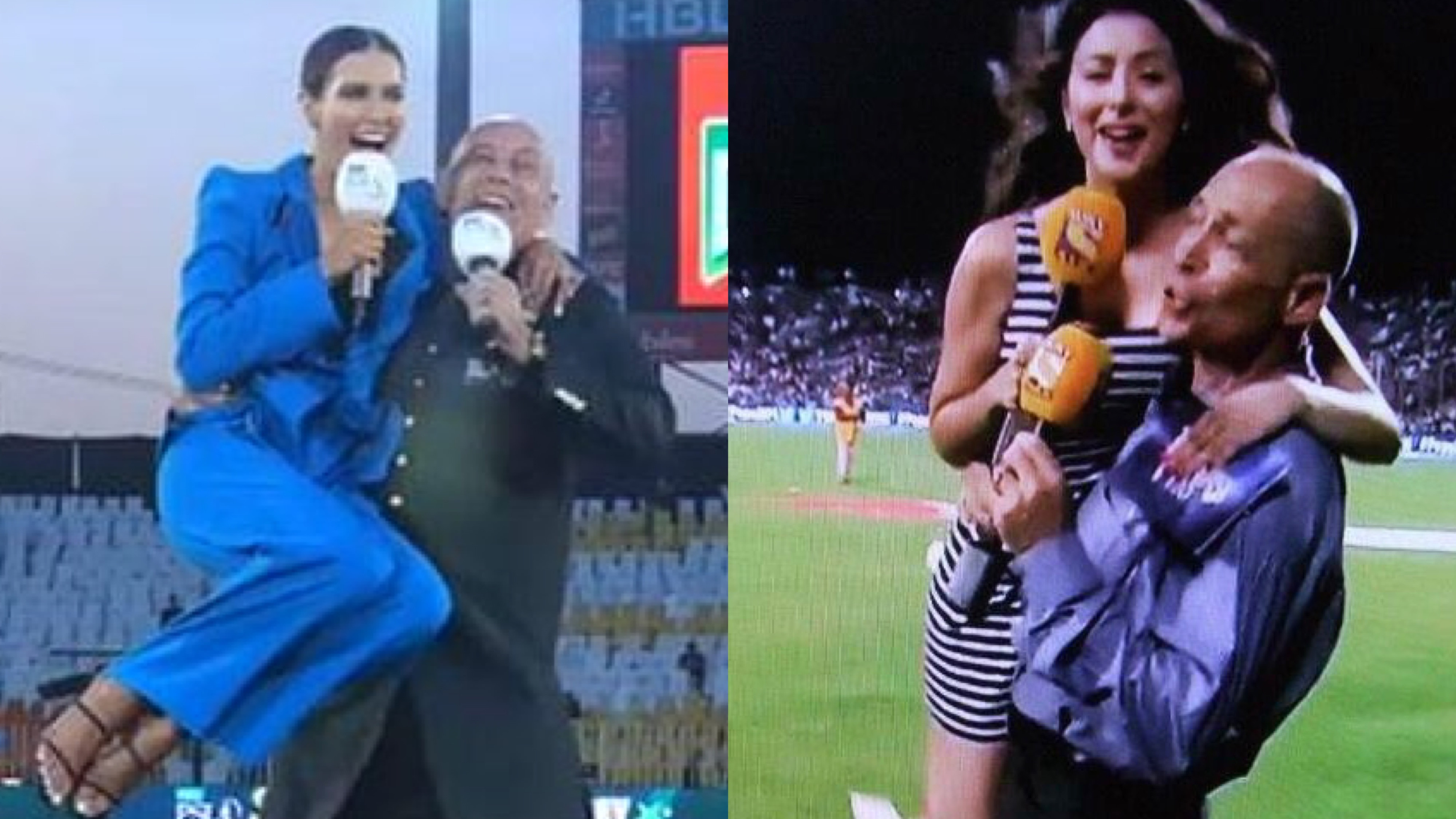 PSL 2023: WATCH – Danny Morrison lifts Erin Holland in his lap during the pre-match chat