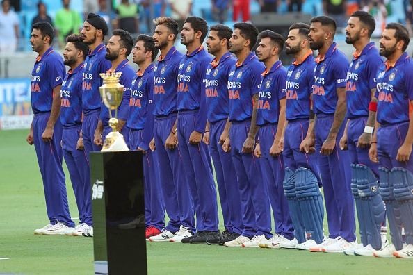 Indian players sing their national anthem before the start of the Asia Cup Twenty20