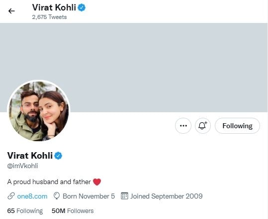 Virat kohli's twitter as it reached 50 million followers.