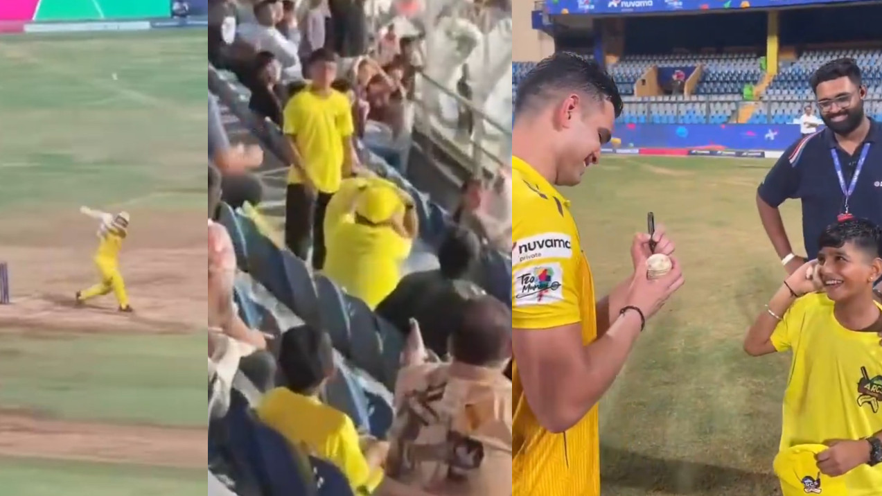 WATCH- Young fan gets hit by the ball thanks to Arjun Tendulkar's massive six; signs the ball for the kid in heartwarming interaction