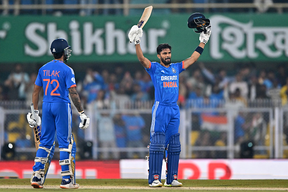 Ruturaj Gaikwad celebrates his maiden T20I ton | Getty