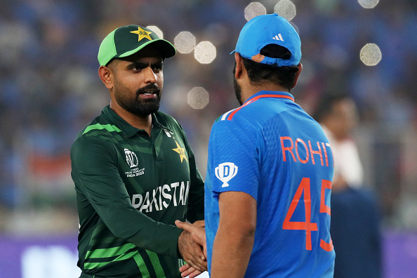 Babar Azam and Rohit Sharma shake hands after India beat Pakistan in CWC 2023 | Getty