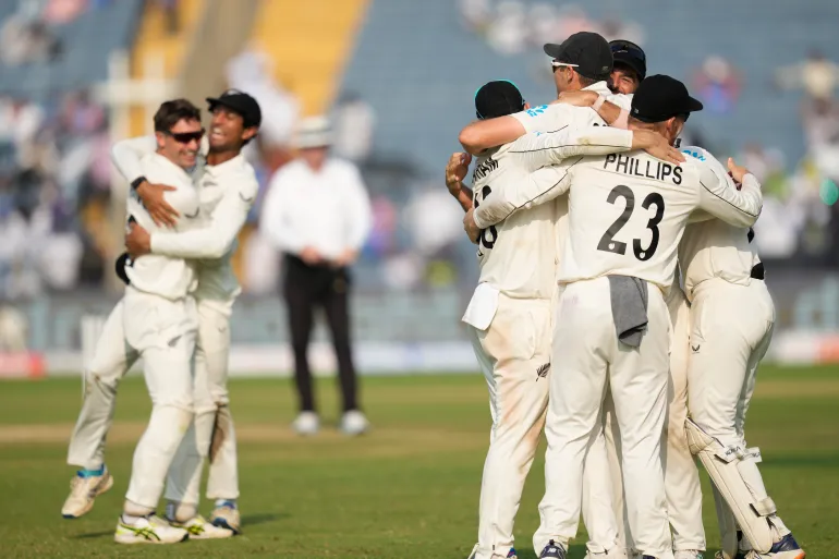 New Zealand celebrates Pune Test win and winning Test series in India | Getty