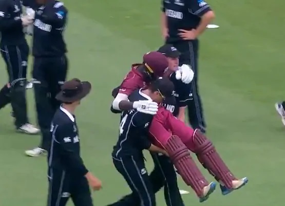 West Indies batsman being carried by New Zealand players | Twitter