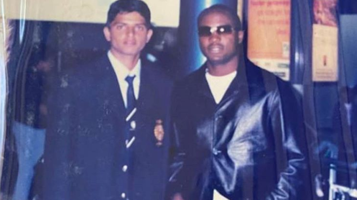 Brian Lara pulls Suresh Raina's leg for his oversize clothing in a picture from 2003 