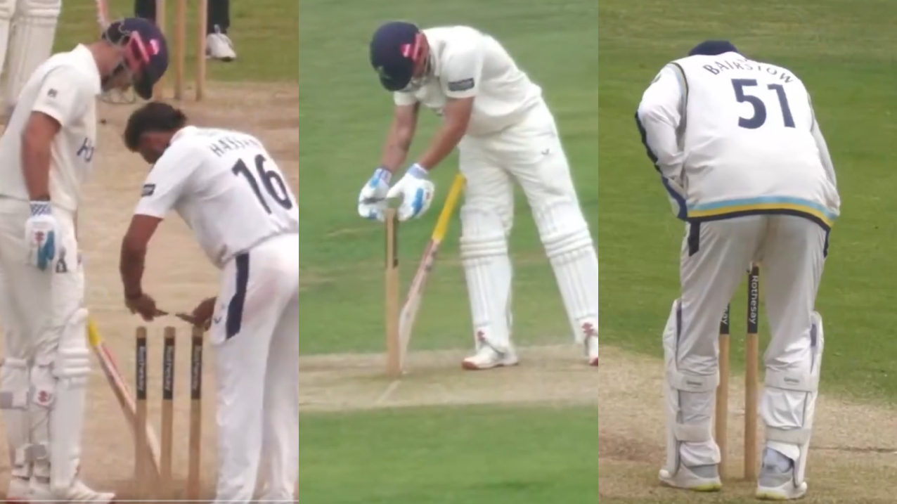 Hasan Ali, Sam Hain and Jonny Bairstow | X