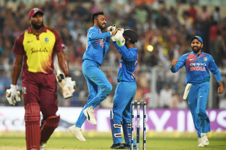 Krunal Pandya celebrates after taking the wicket of Kieron Pollard | AFP