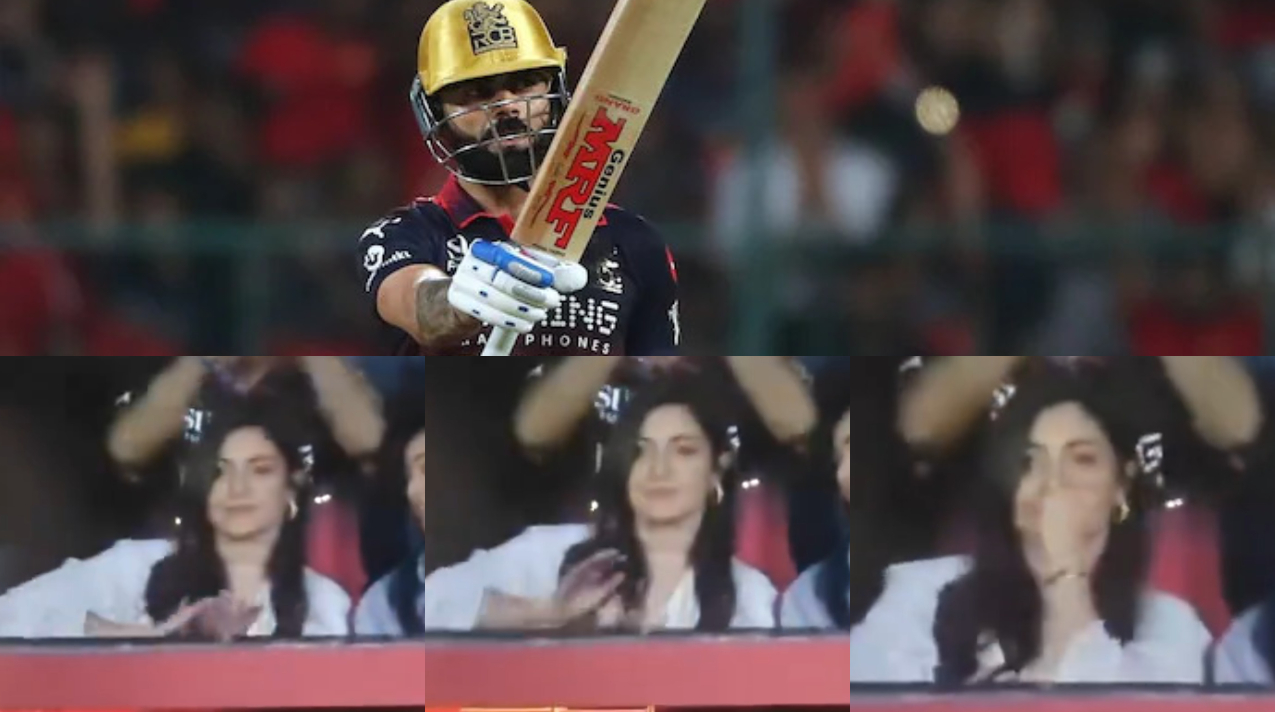 Anushka Sharma was seen doing money splashing gesture after Kohli's six | X