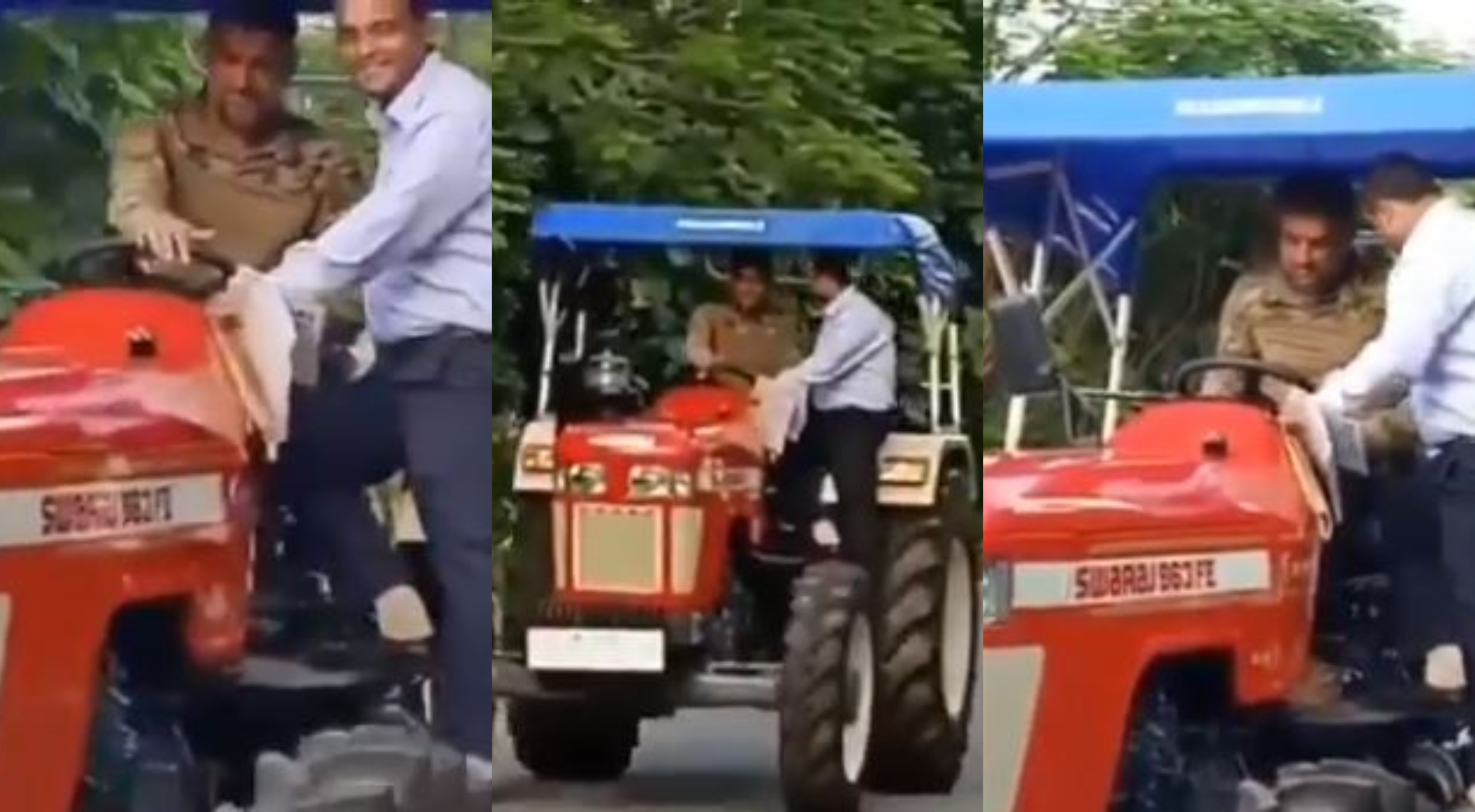 Dhoni is driving his latest Swaraj 963 FE tractor at his farmhouse | Twitter