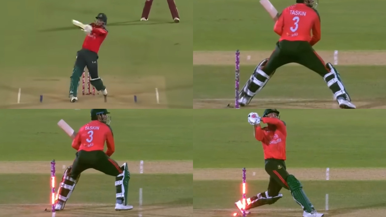WATCH- Taskin Ahmed’s moment of heartbreak; steps onto his stumps while hitting Romario Shepherd for a huge six
