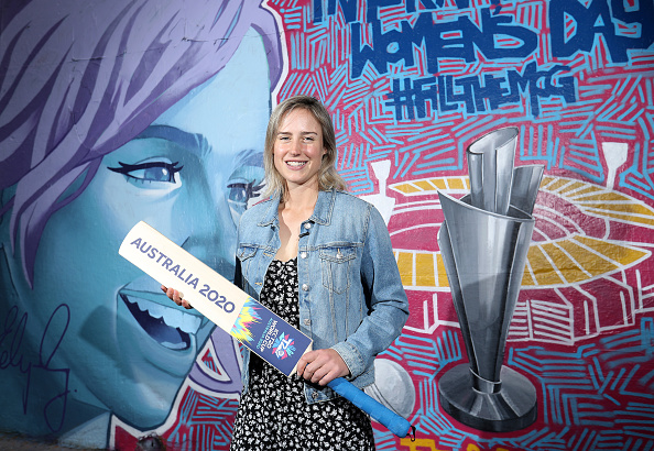 Ellyse Perry poses in front of an ICC T20 World Cup mural | Getty Images