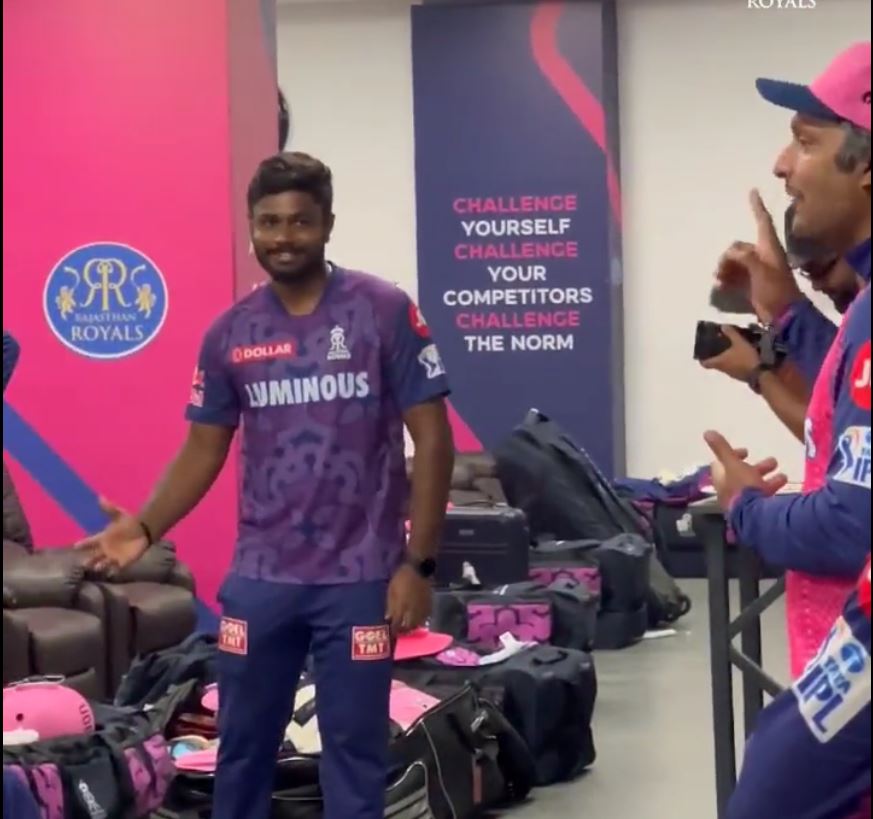 Sanju Samson reminds Sangakkara of his catch mid-speech | RR Twitter