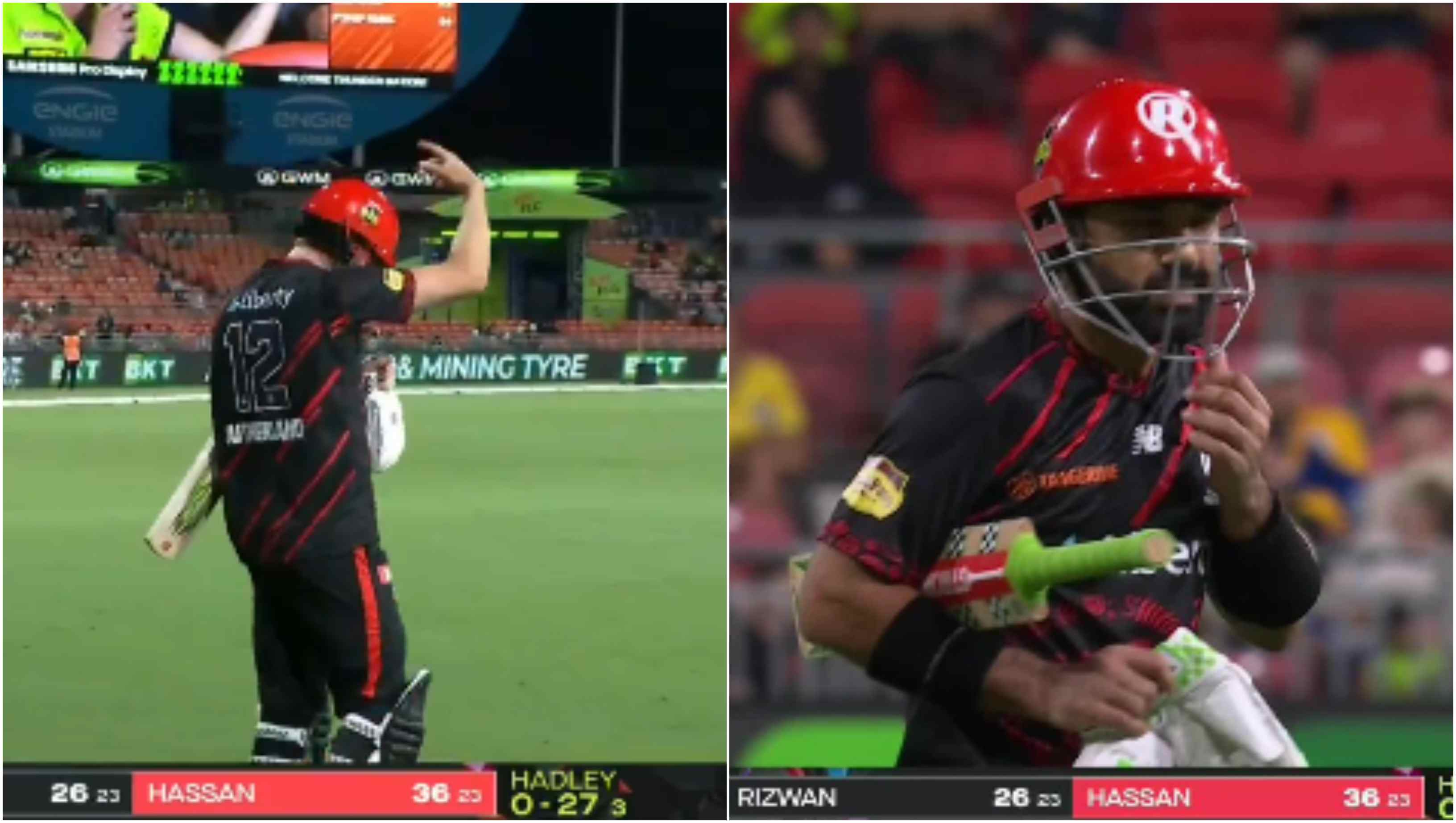 Will Sutherland waving at Mohammad Rizwan to return to the dugout | BBL/Screengrab
