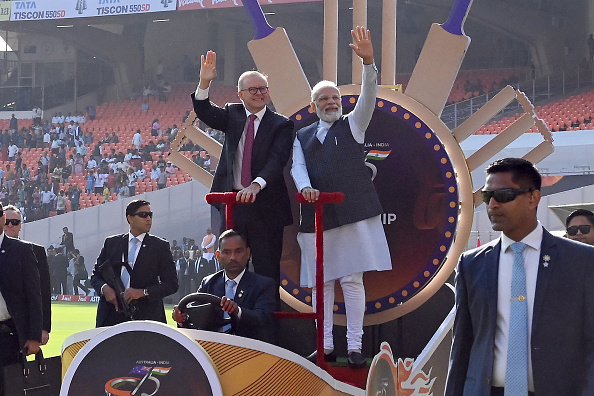 The two PMs took a lap of honour at the Narendra Modi Stadium in Ahmedabad | Getty