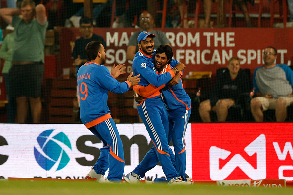 Axar Patel celebrates an excellent catch of David Miller | Getty