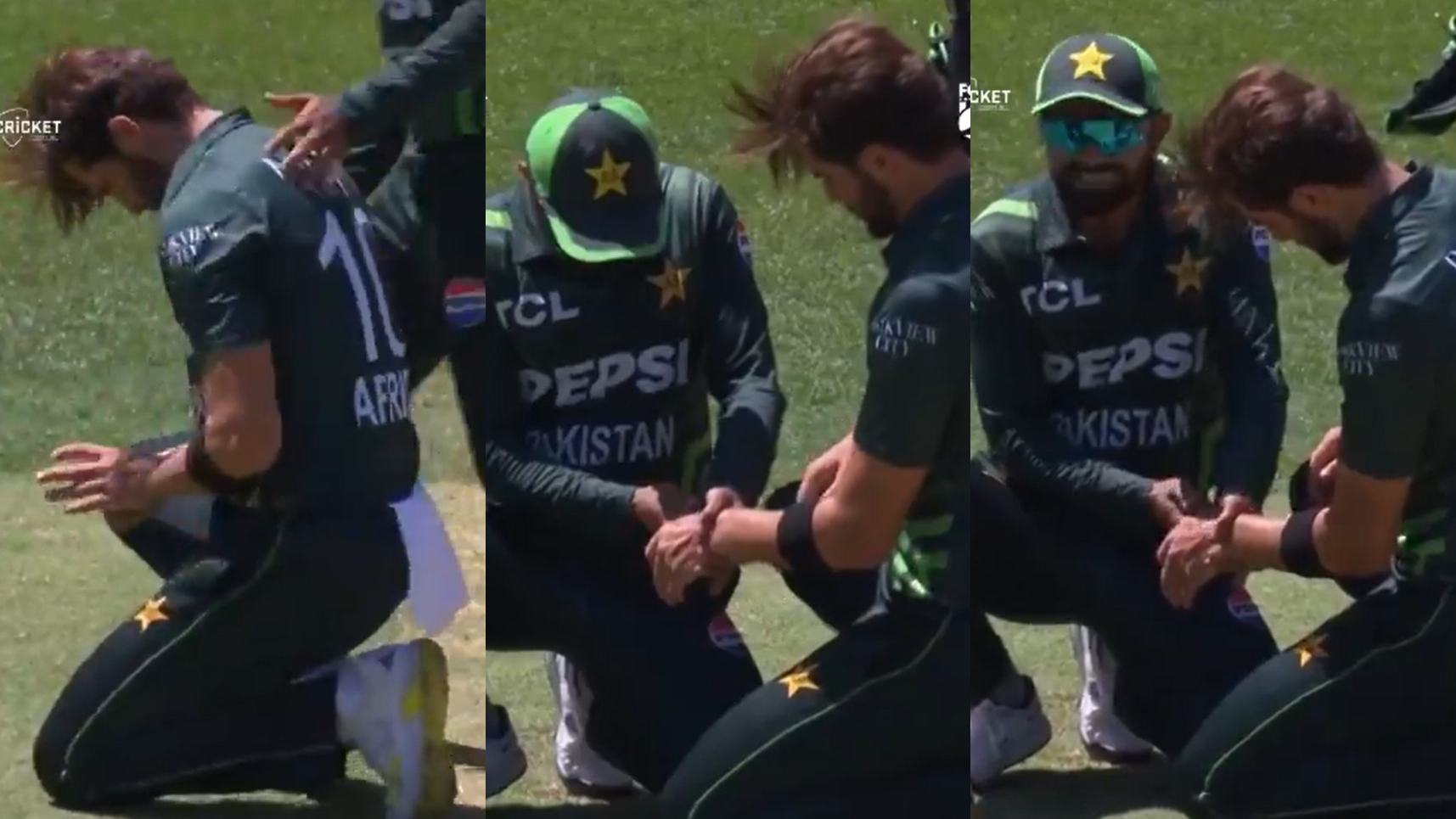 Shaheen Afridi was hit on the thumb by a poor throw and Babar helped him manage pain | CA X