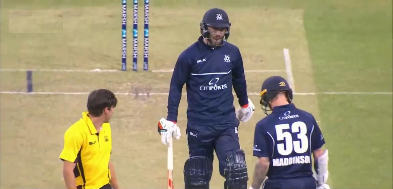 Jhye Richardson looks angrily at Maxwell after being hit for three consecutive sixes | Twitter
