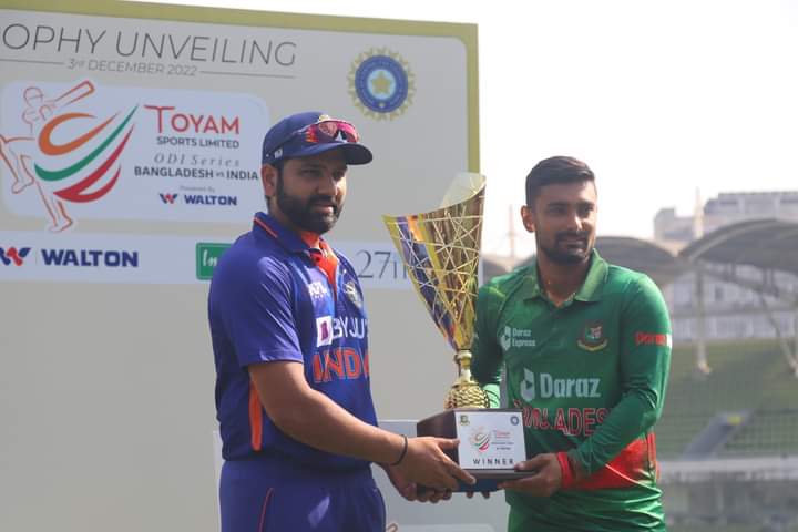 Rohit Sharma and Litton Das unveil the trophy ahead of first ODI | BCCI