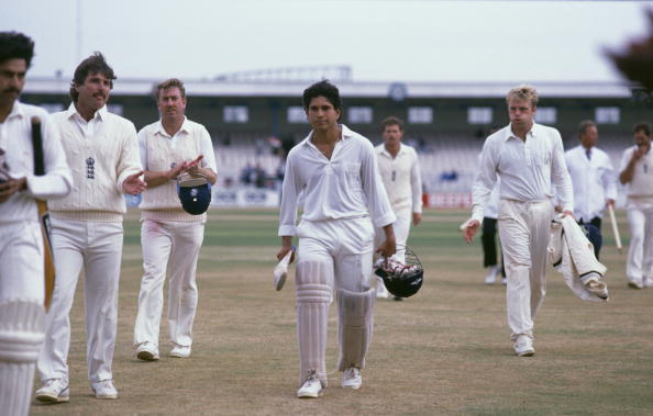 Sachin Tendulkar walking back after scoring his maiden Test ton in Manchester in 1990 | Getty