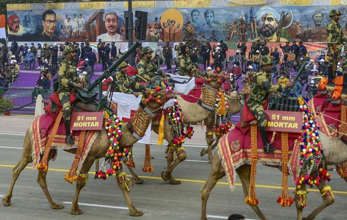 Camel mounted BSF contingent march past the Rajpath, during the Republic Day Parade 2022 | PTI