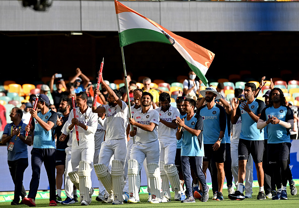 R Ashwin with the victorious Indian team as they take a lap around the Gabba | Getty