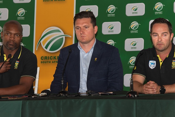 Enoch Nkwe, Graeme Smith and Mark Boucher address the media in Cape Town on December 14 | Getty
