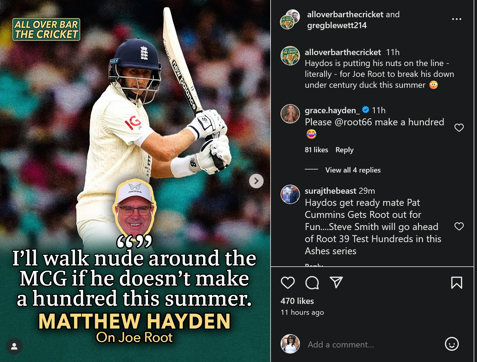 Grace Hayden's comment on father Matthew's vow to walk nude if Root fails to make a ton | Instagram