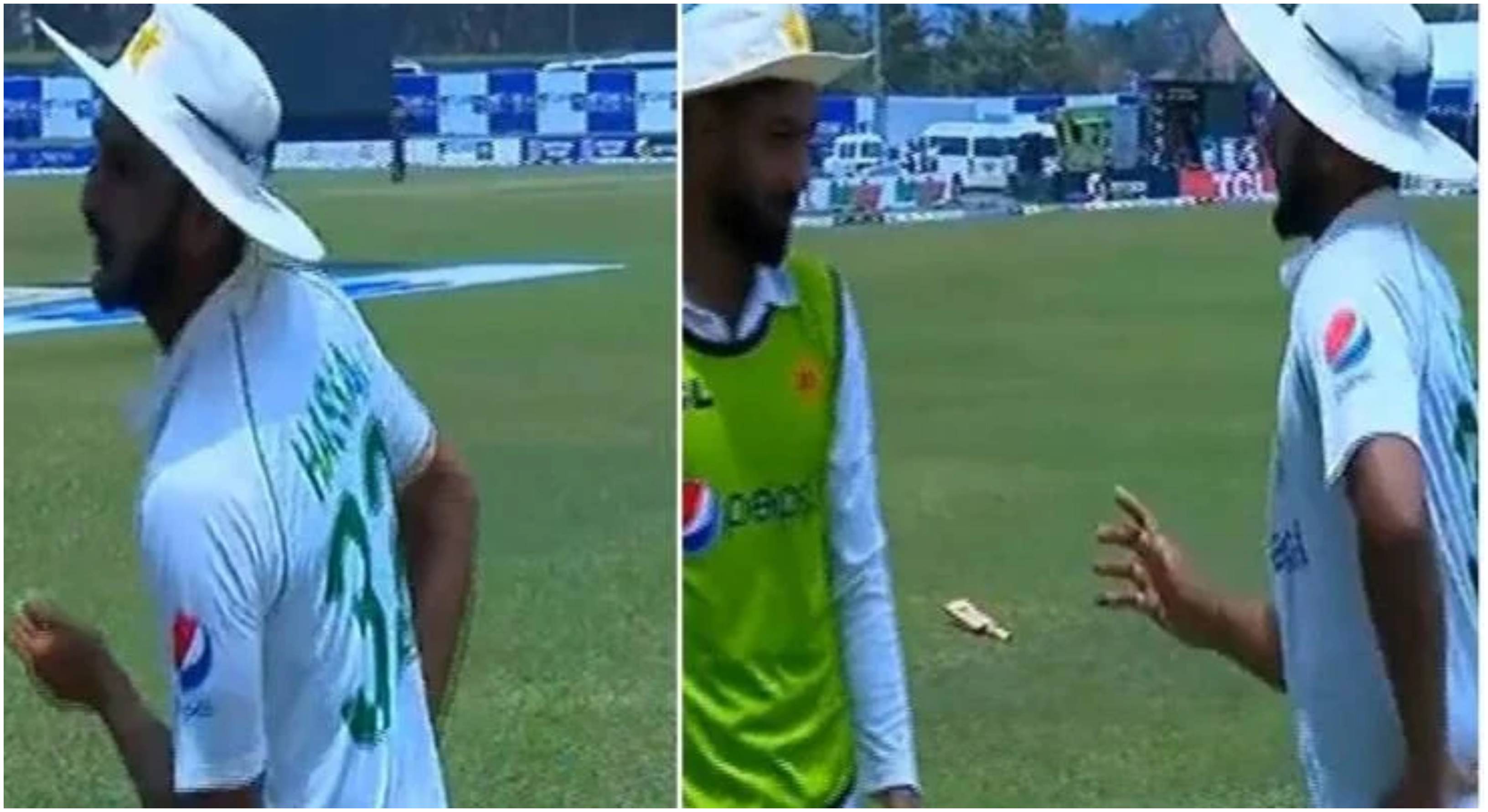 Hasan Ali shakes his legs during the first Test against Sri Lanka | Screengrab