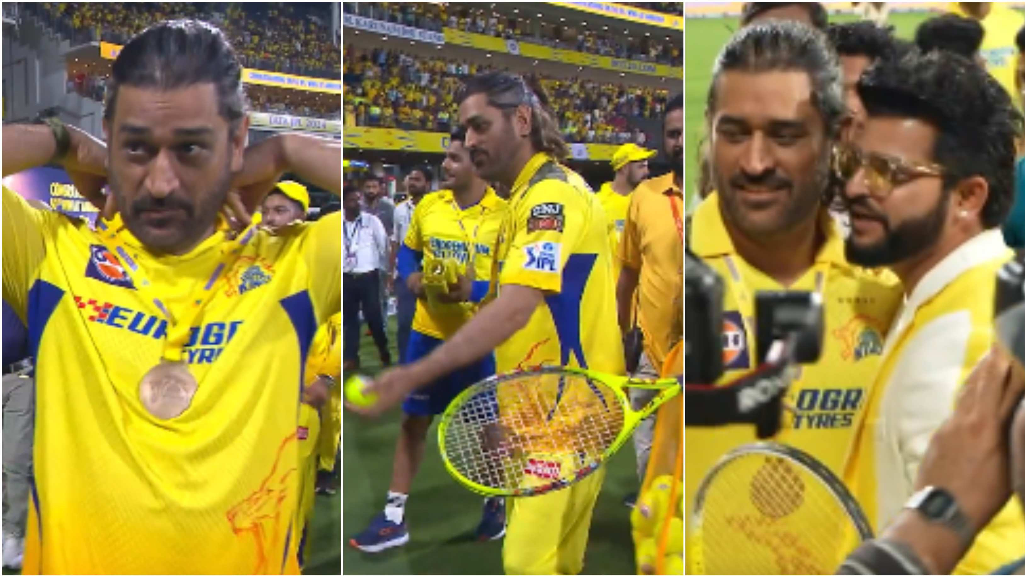 IPL 2024: WATCH – Dhoni receives special medal, gifts tennis balls to fans, hugs Raina after CSK’s last league match at Chepauk